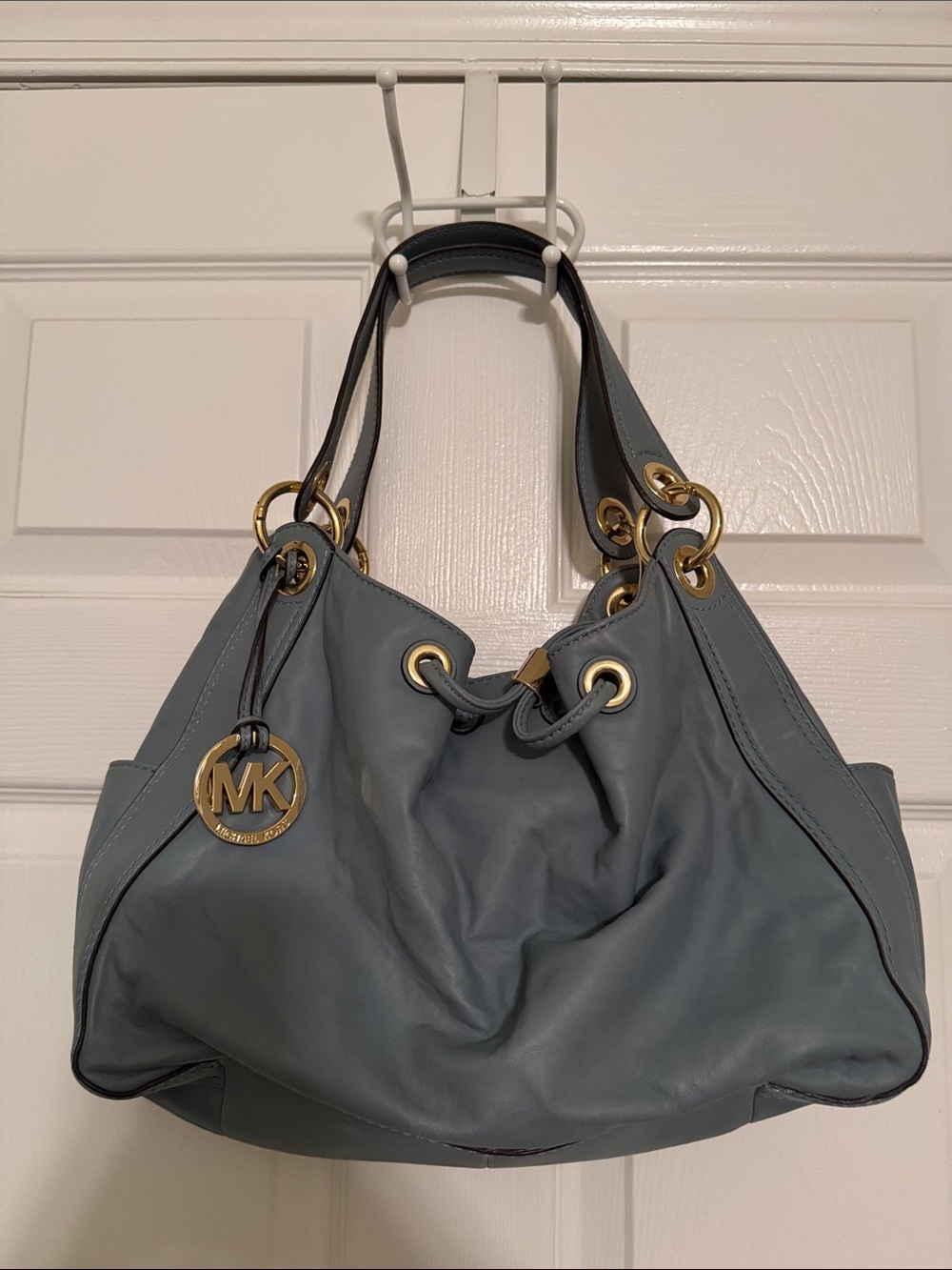 Michael Kors Slate Blue Leather Shoulder Hobo with Gold Hardware